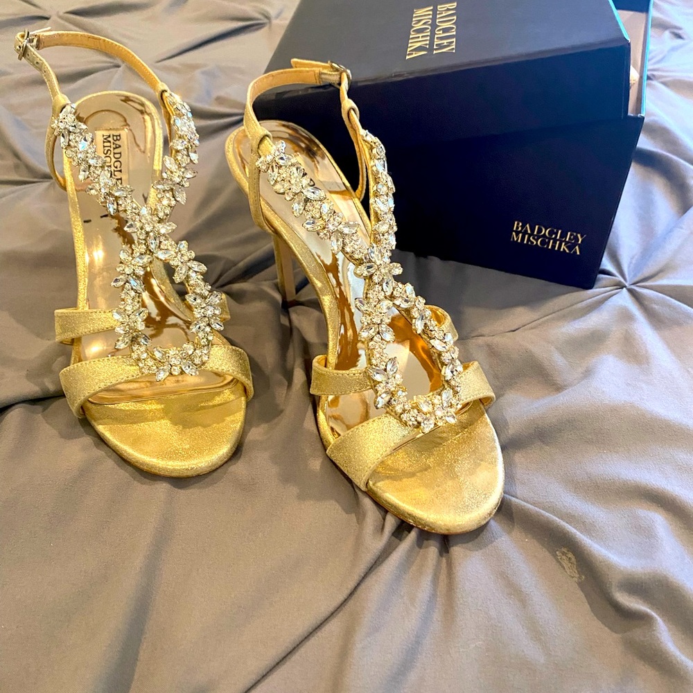 Badgley Mischka gold jewel rhinestone heels